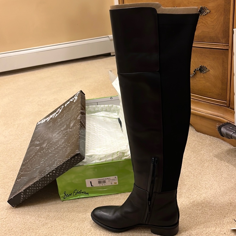 Over the knee black leather boot by Sam Edelman. “Pam” take. Small heel. Size 6